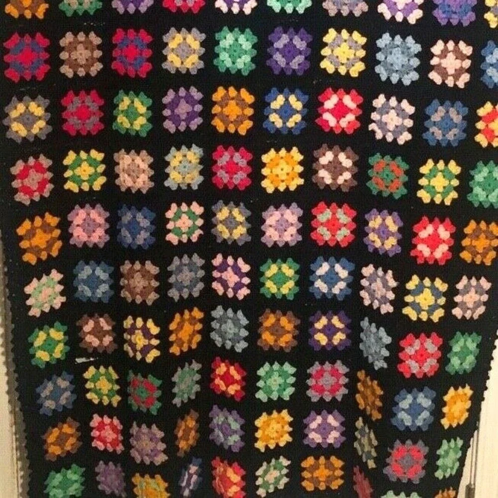 Vintage Granny Square Afghan Crochet Throw Blanket Black  40